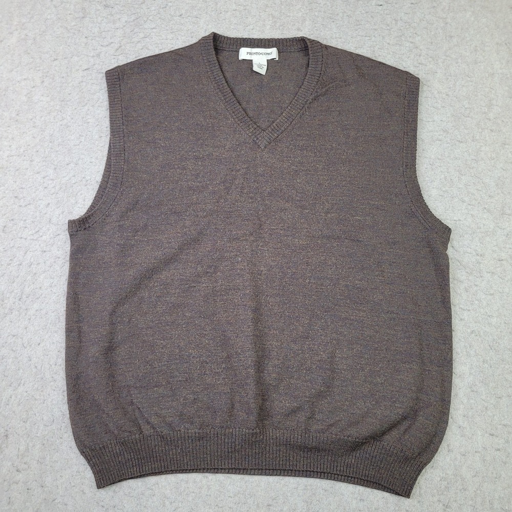 Pronto Uomo Sweater Vest Merino Wool Mens Large Brown Preppy Pullover Super Soft